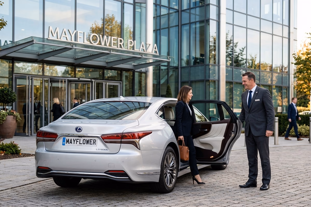Silver Lexus executive car outside office building with driver holding door open