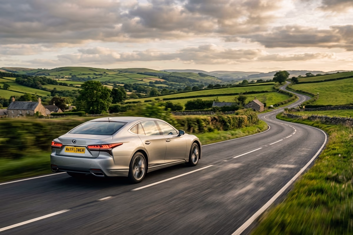 Silver Lexus driving through scenic Devon countryside